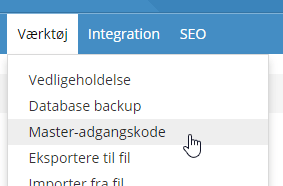 Master adgangskode menu