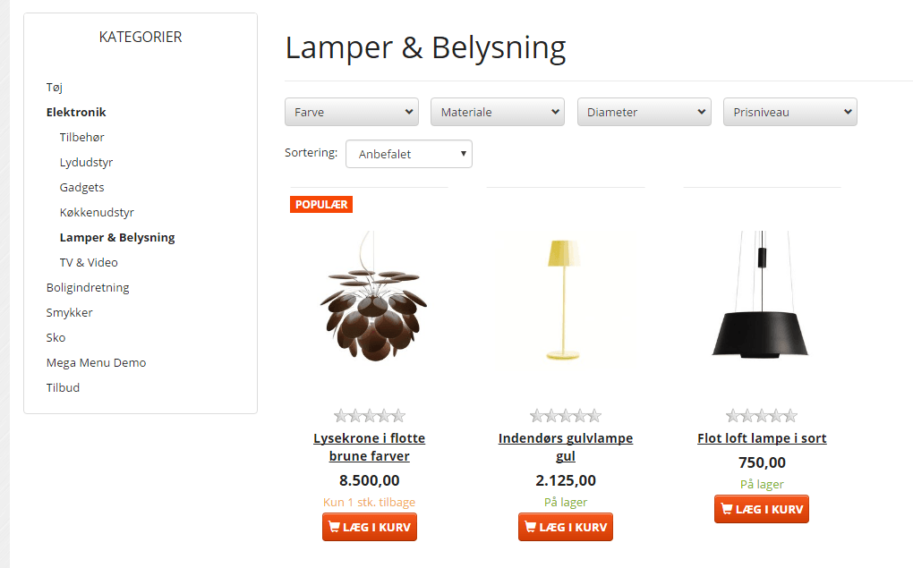 Filtrering horisontalt varekategori