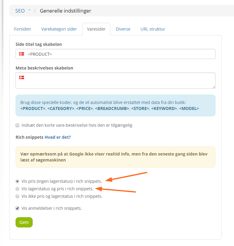 Rich snippets produkt admin