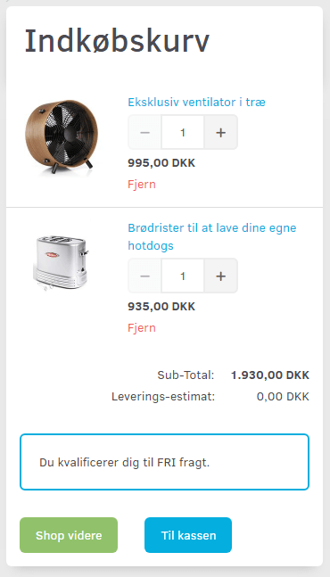 Skærmbillede: Mobil layout for indkøbskurv optimeret
