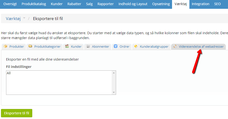 Skærmbillede: Import/export til videresendelse af webadresser