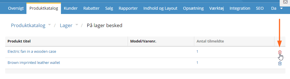 Skærmbillede: Slet produkter fra “Få besked når på lager”