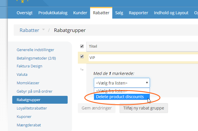 Skærmbillede: Fjern kunde rabatgruppe fra mange/alle produkter