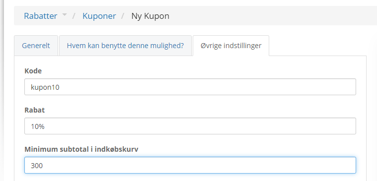 Skærmbillede: Minimum køb for rabatkuponer