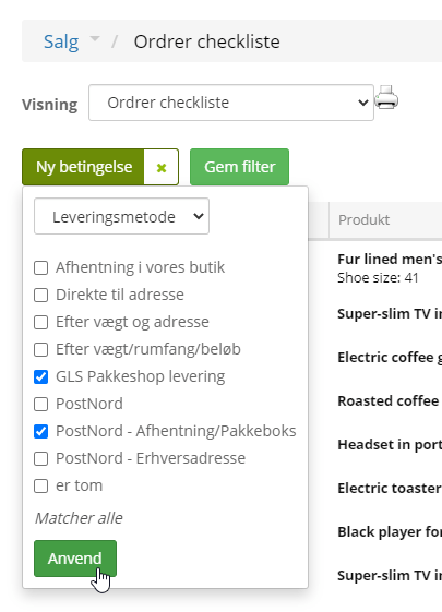 Skærmbillede: Ordre checklisten har fået nye muligheder for filtrering