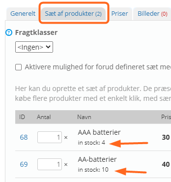 Skærmbillede: Se lager antal pr produkt i et sæt