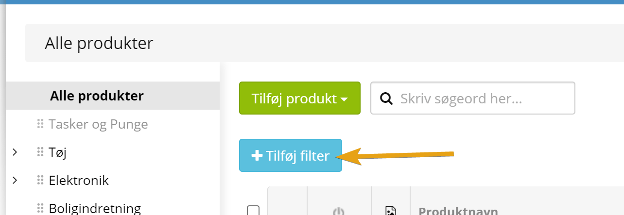 Skærmbillede: Filtrere i produktliste på aktive varianter