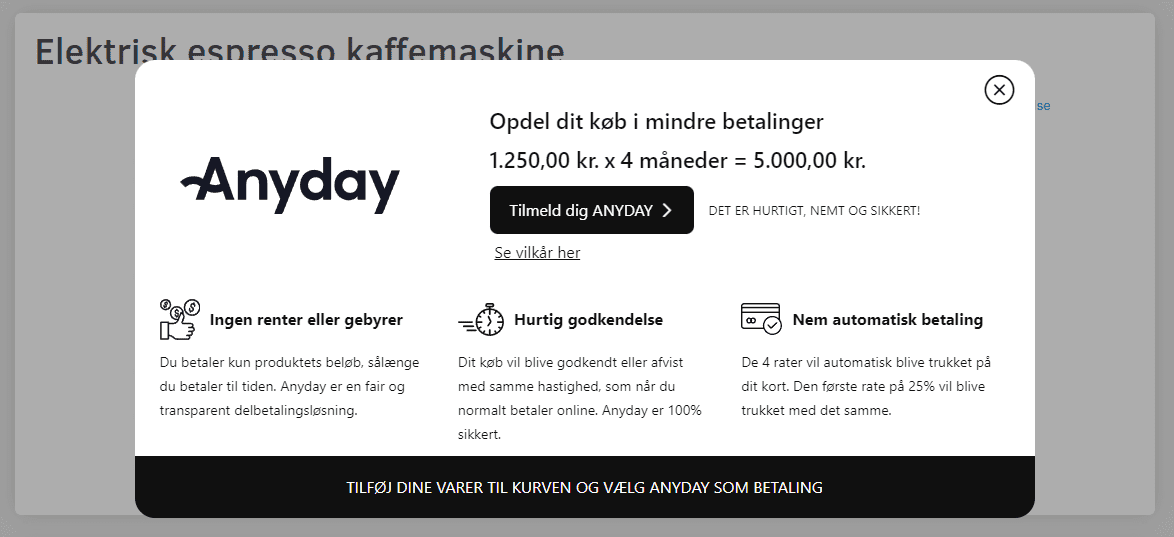 Skærmbillede: Anyday betalingsmulighed (betal over flere rater)