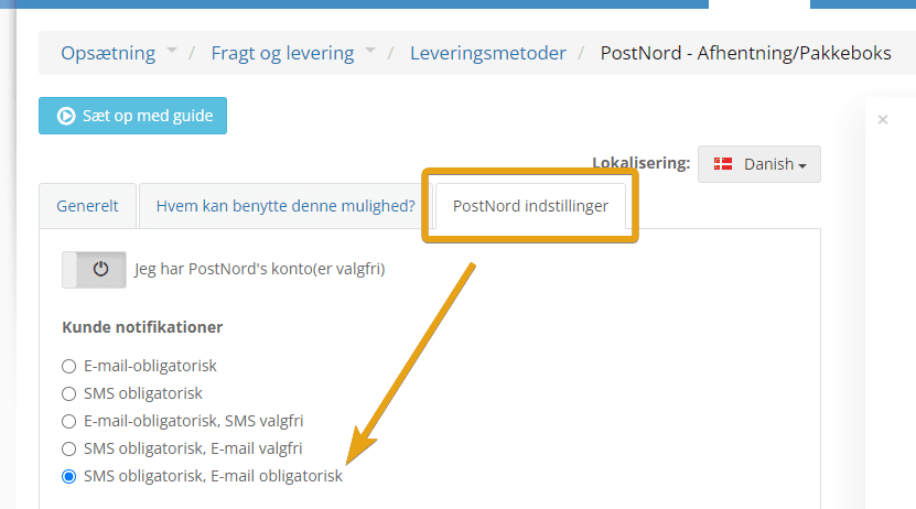 Skærmbillede: Postnord kan have både e-mail og SMS som obligatorisk