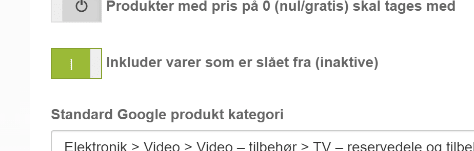 Skærmbillede: Inaktive produkter kan tages med i xml produkt feed