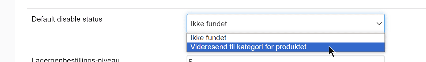 Skærmbillede: Videresend produkt til kategori ved udsolgt