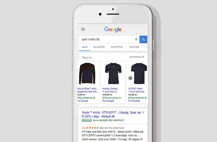 Google Shopping-annoncer vist på en mobil