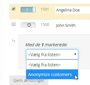Anonymisering af en enkelt kunde i kundelisten