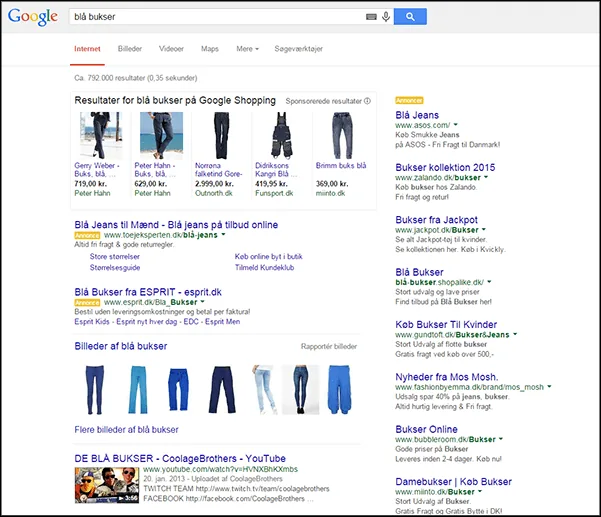 Google Shopping-eksempel: søgeresultater med produkter og priser øverst