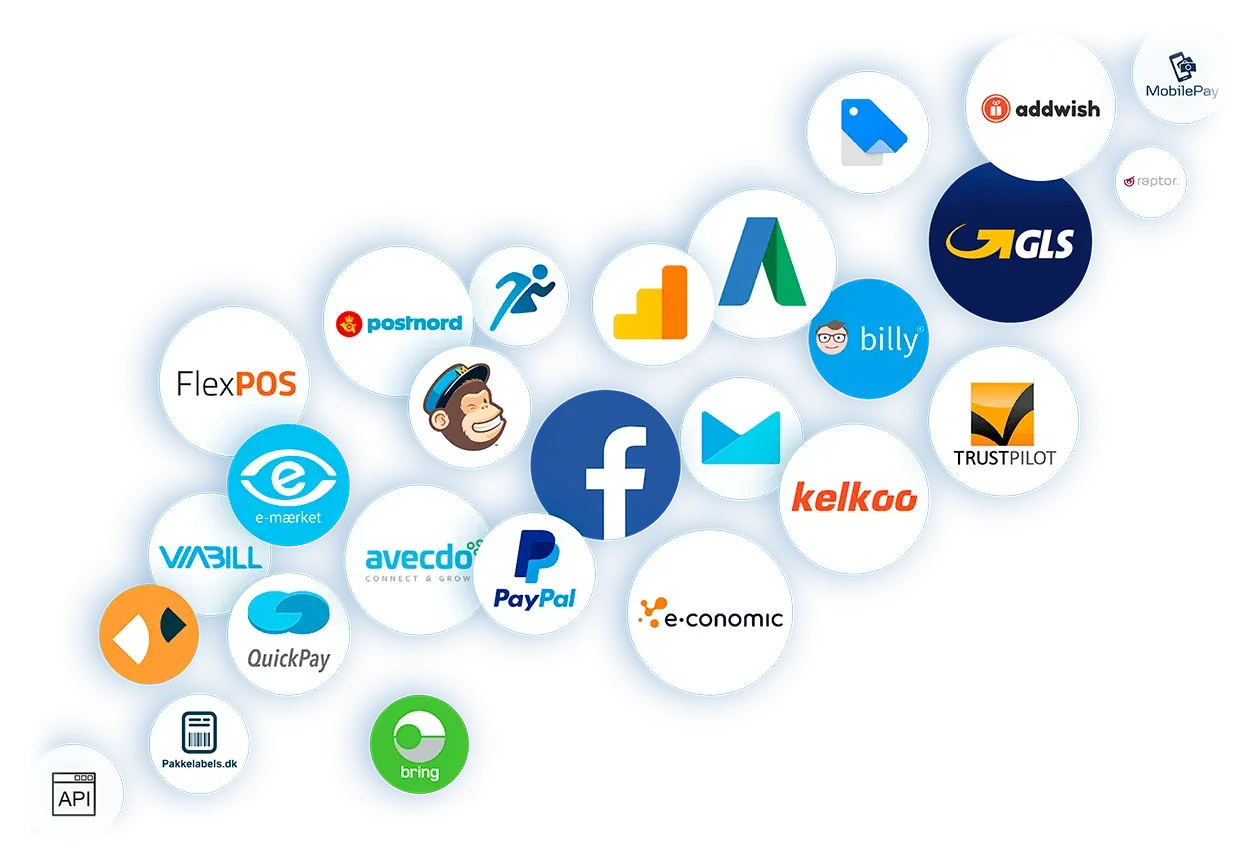 Logoer for integrationer: PostNord, GLS, Bring, Pakkelabels.dk, MobilePay, QuickPay, PayPal, ViaBill, e-conomic, Billy, FlexPOS, Mailchimp, Facebook, Google Ads, Google Analytics, Google Shopping, Kelkoo, Trustpilot, Addwish, Raptor, e-mærket, avecdo og API
