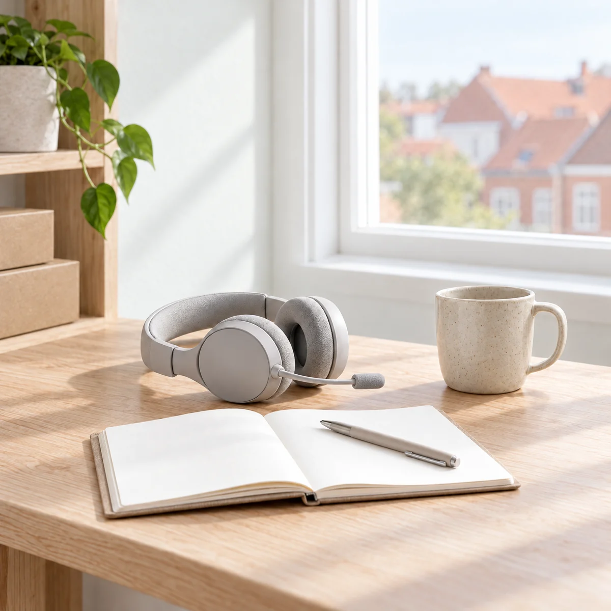 Skrivebord med headset og notesbog ved et vindue