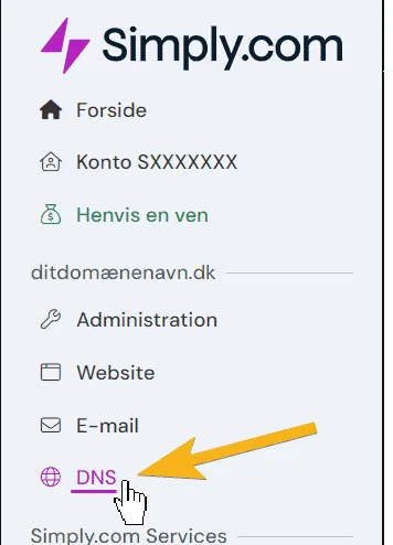Menupunktet DNS i kontrolpanelet hos simply.com