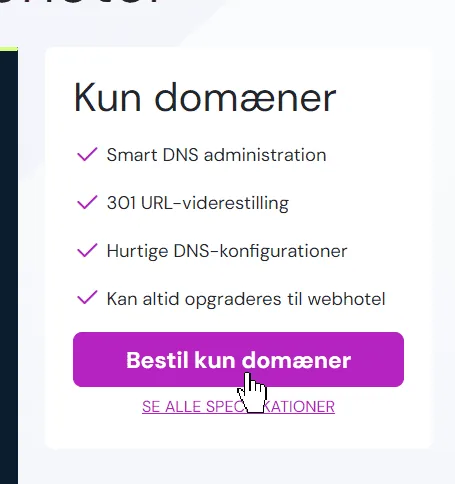 Valget Bestil kun domæner hos simply.com