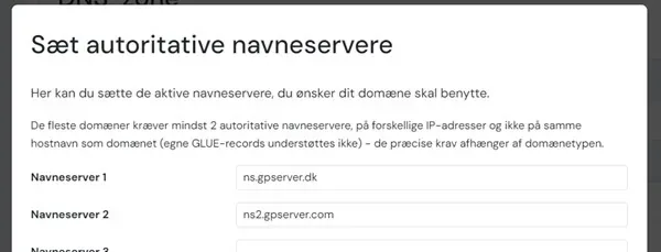 Navneserverne ns.gpserver.dk og ns2.gpserver.com angivet hos simply.com