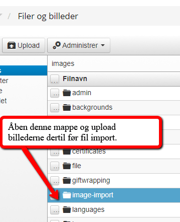 Skærmbillede: Upload produktbilleder i forbindelse med import
