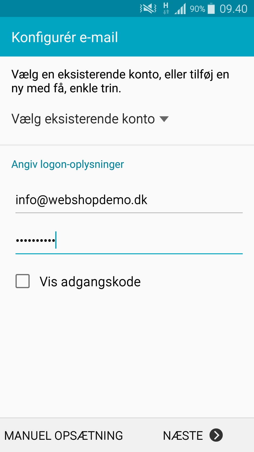 Skærmbillede: Android mail opsætning