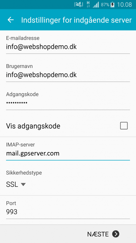 Skærmbillede: Android mail opsætning