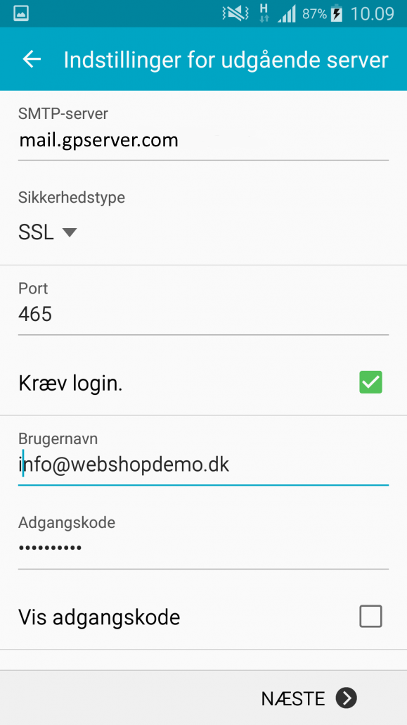 Skærmbillede: Android mail opsætning