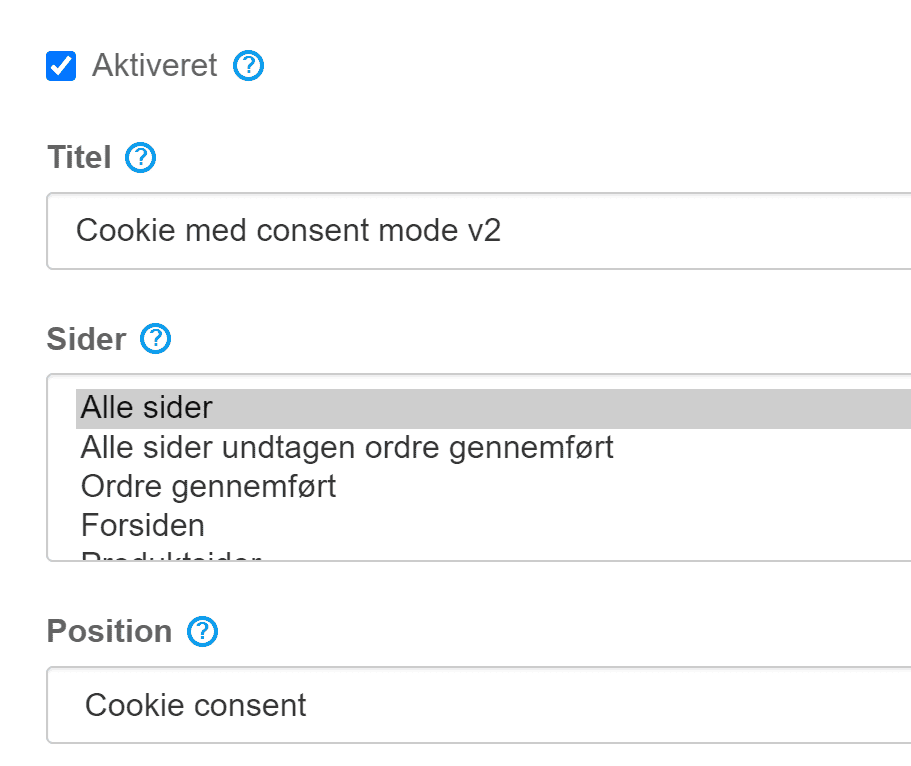 Skærmbillede: 2: Indsæt opdateret script for cookie pop-up