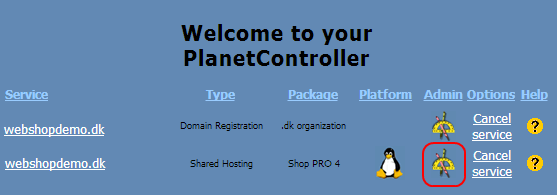 Skærmbillede: Kunde-login/PlanetController