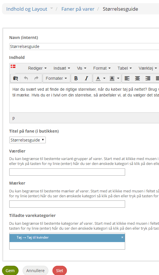 Skærmbillede: Samme information på mange produkter