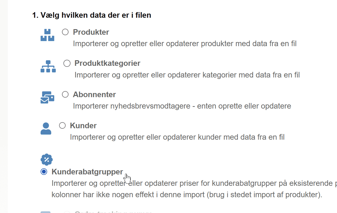 Skærmbillede: Import af kunde rabatgrupper