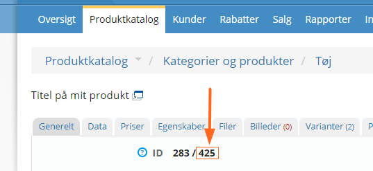 Skærmbillede: Opdatere billeder, kategorier m.v. på produkt med varianter