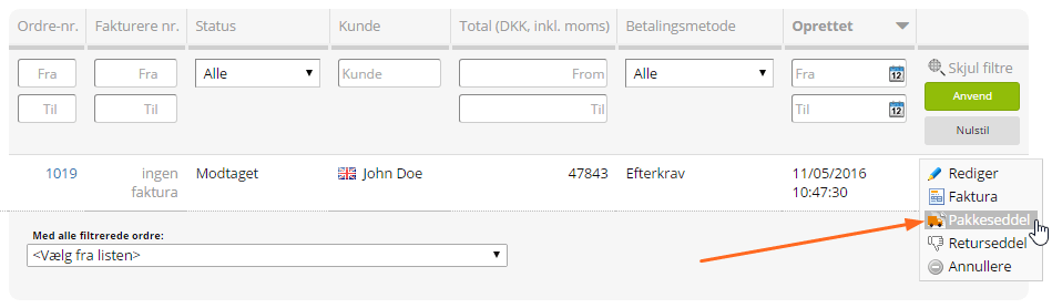 Ordreliste pakkeseddel