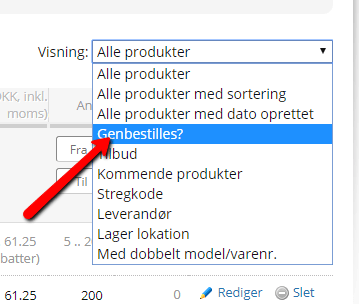 Skærmbillede: Liste med produkter til genbestilling