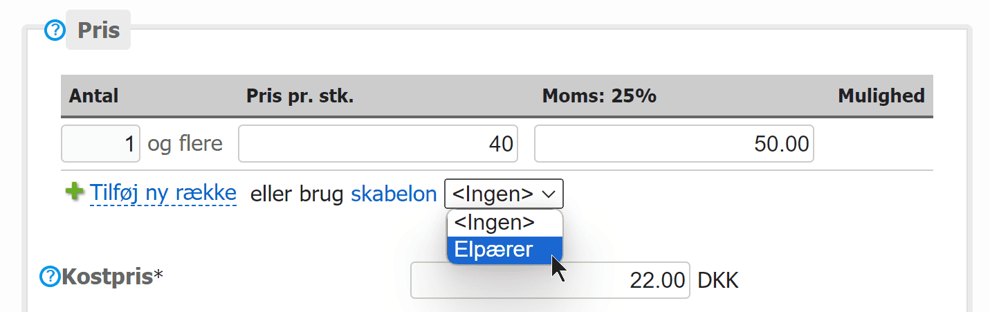 Skærmbillede: Skabeloner til samme mængderabat