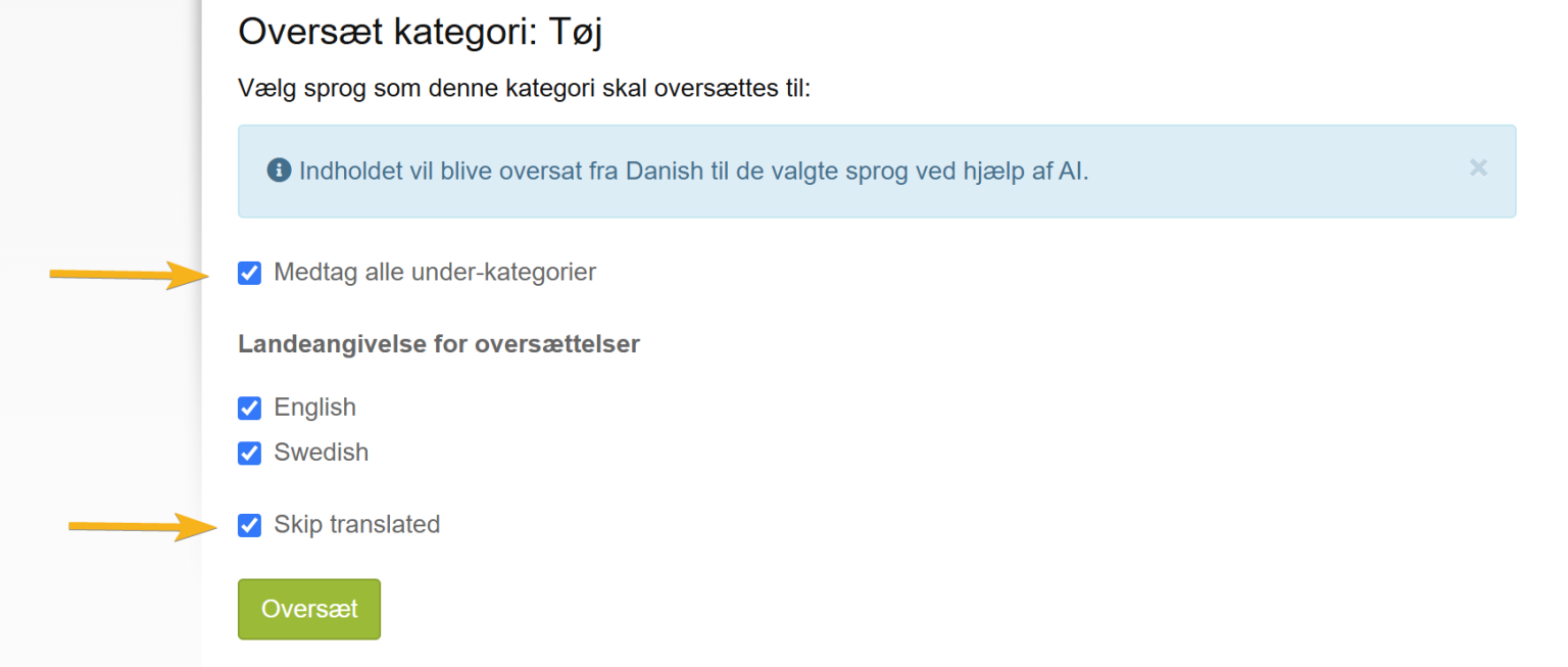 Skærmbillede: Oversæt kategorier