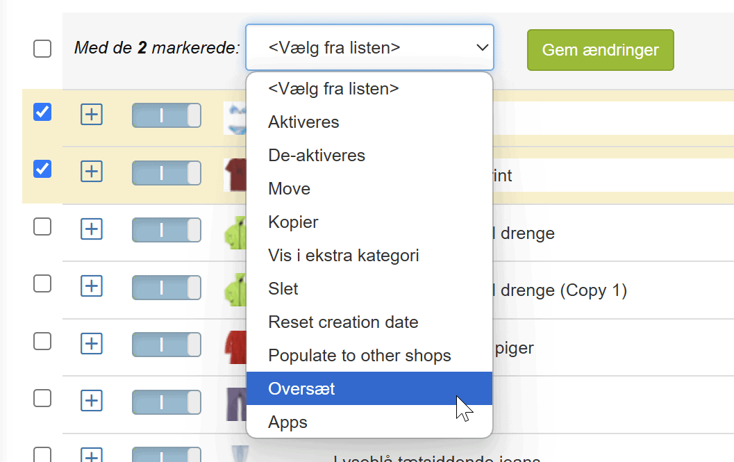 Skærmbillede: Oversæt produkter