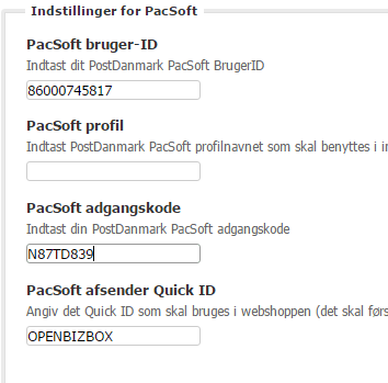 Skærmbillede: Generel opsætning af PostNord modulerne