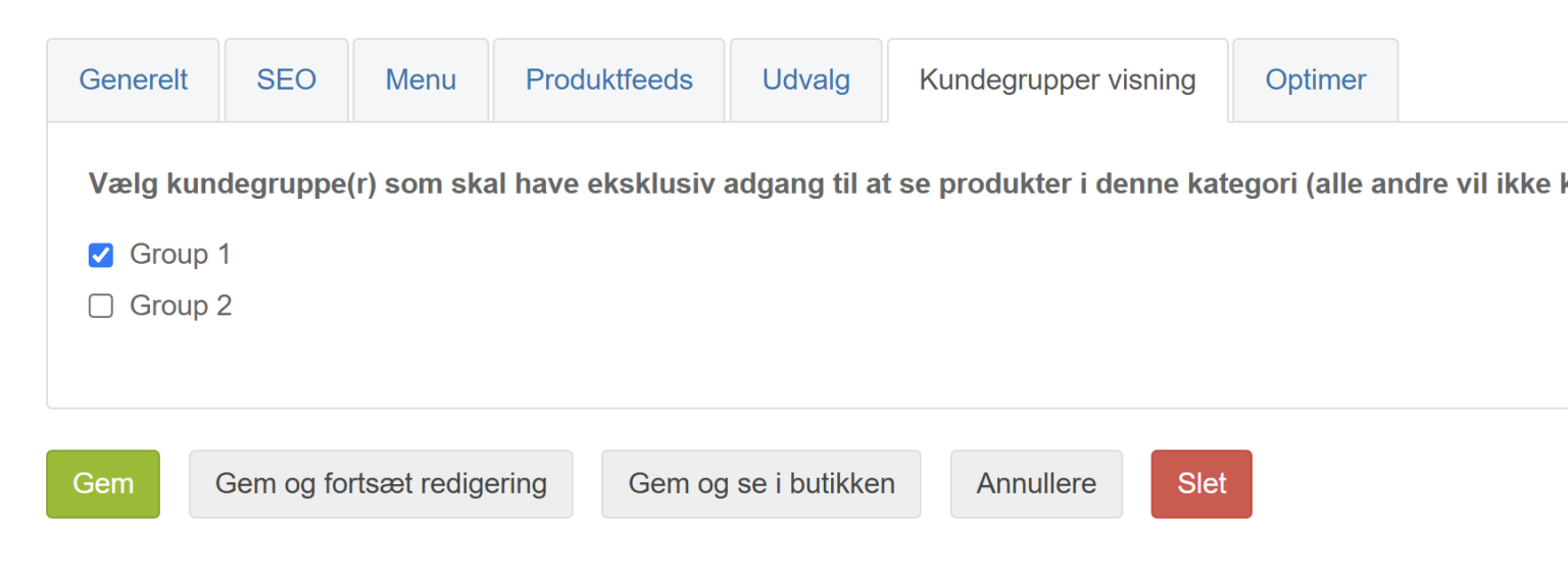 Skærmbillede: Produktkategorier som kun kundegrupper har adgang til