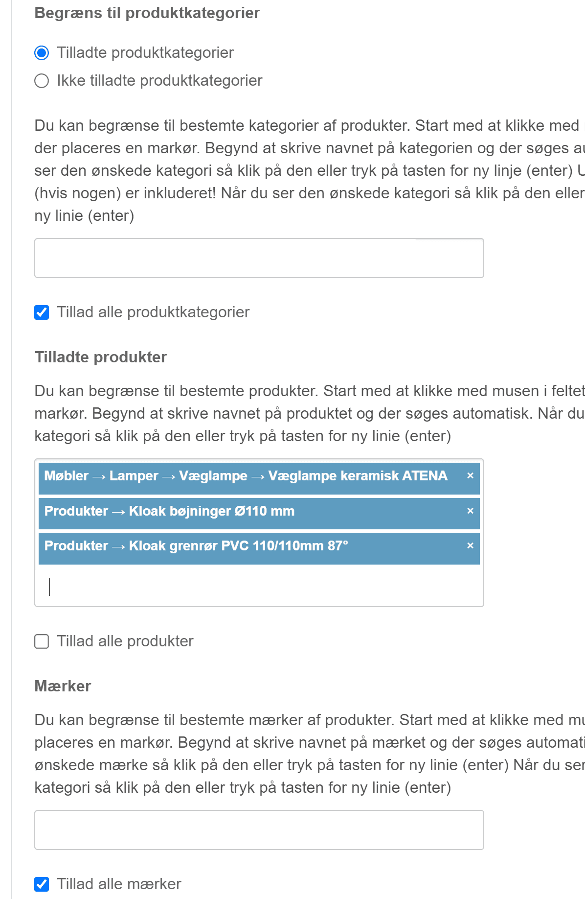 Skærmbillede: Afgræns til bestemte varer eller kategorier