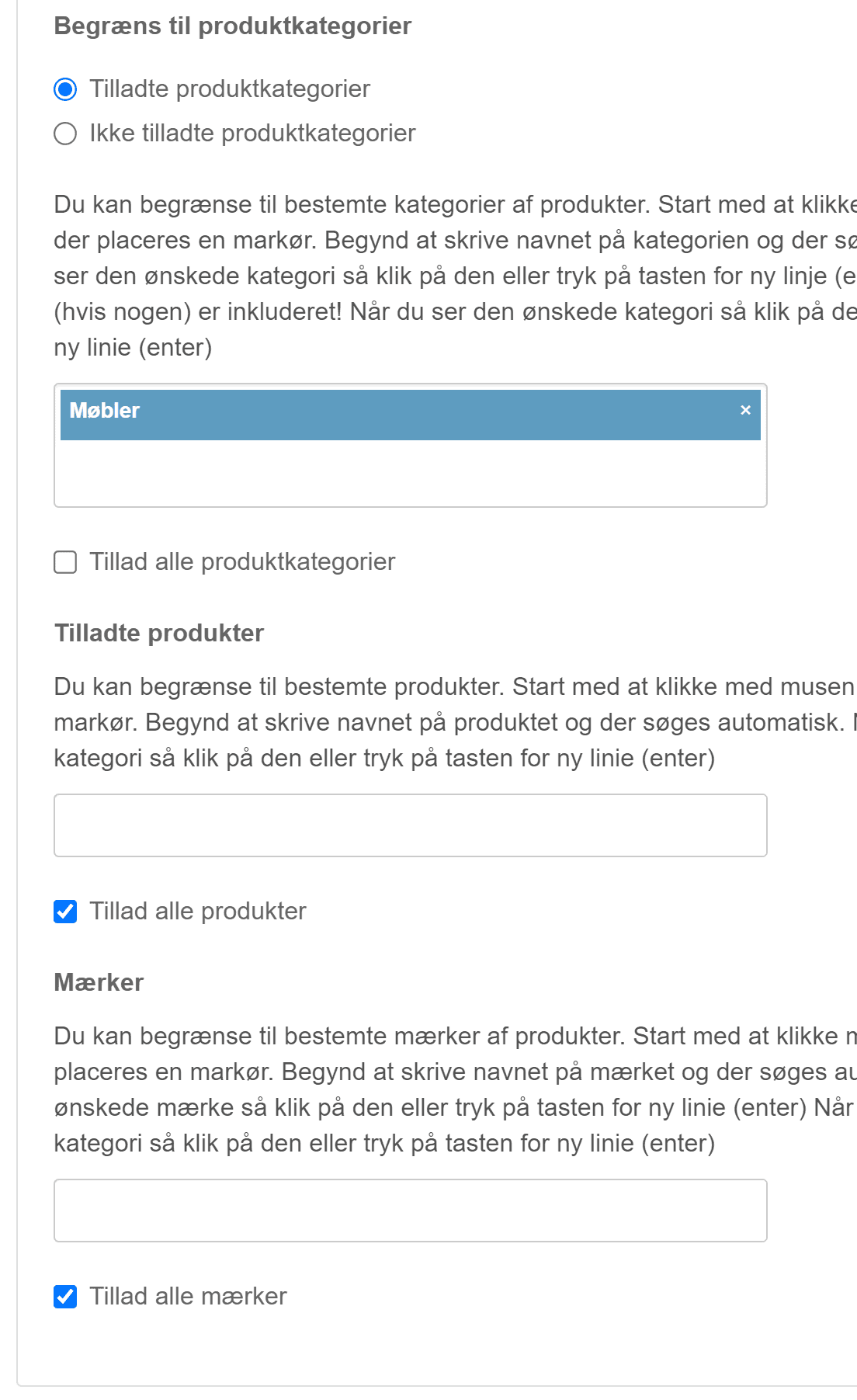 Skærmbillede: Afgræns til bestemte varer eller kategorier