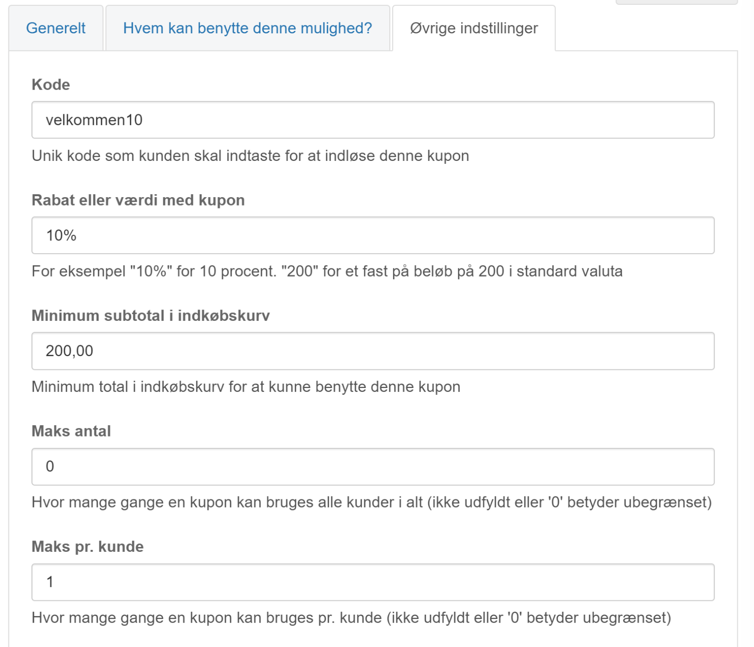 Skærmbillede: Koden, rabatten, mindstekøb og maks antal