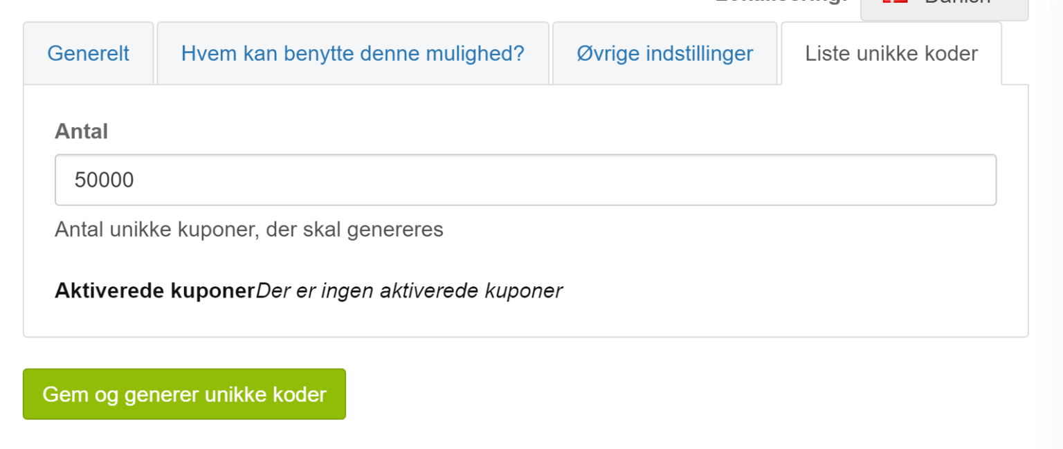 Skærmbillede: Særligt for unikke koder