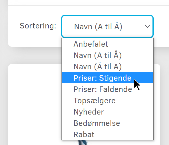 Skærmbillede: Sortering af produkter