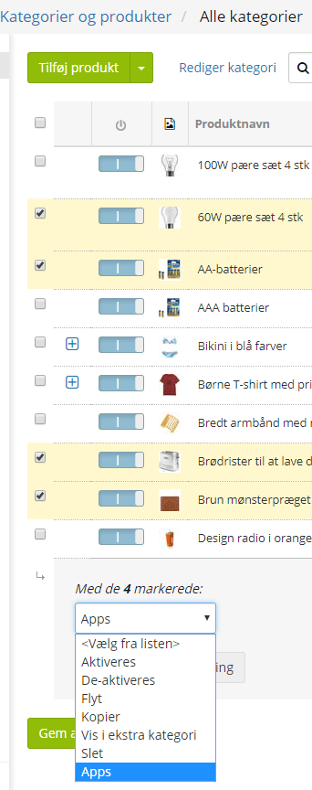Skærmbillede: Vælg dine produkter
